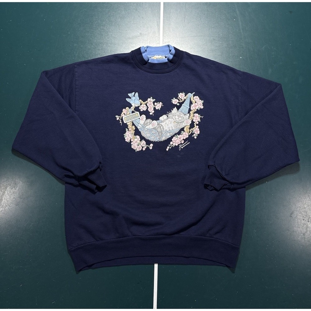 Vintage Morning Sun Cat Kitten Crewneck Sweatshirt Women's Large Navy Blue‎ 90s